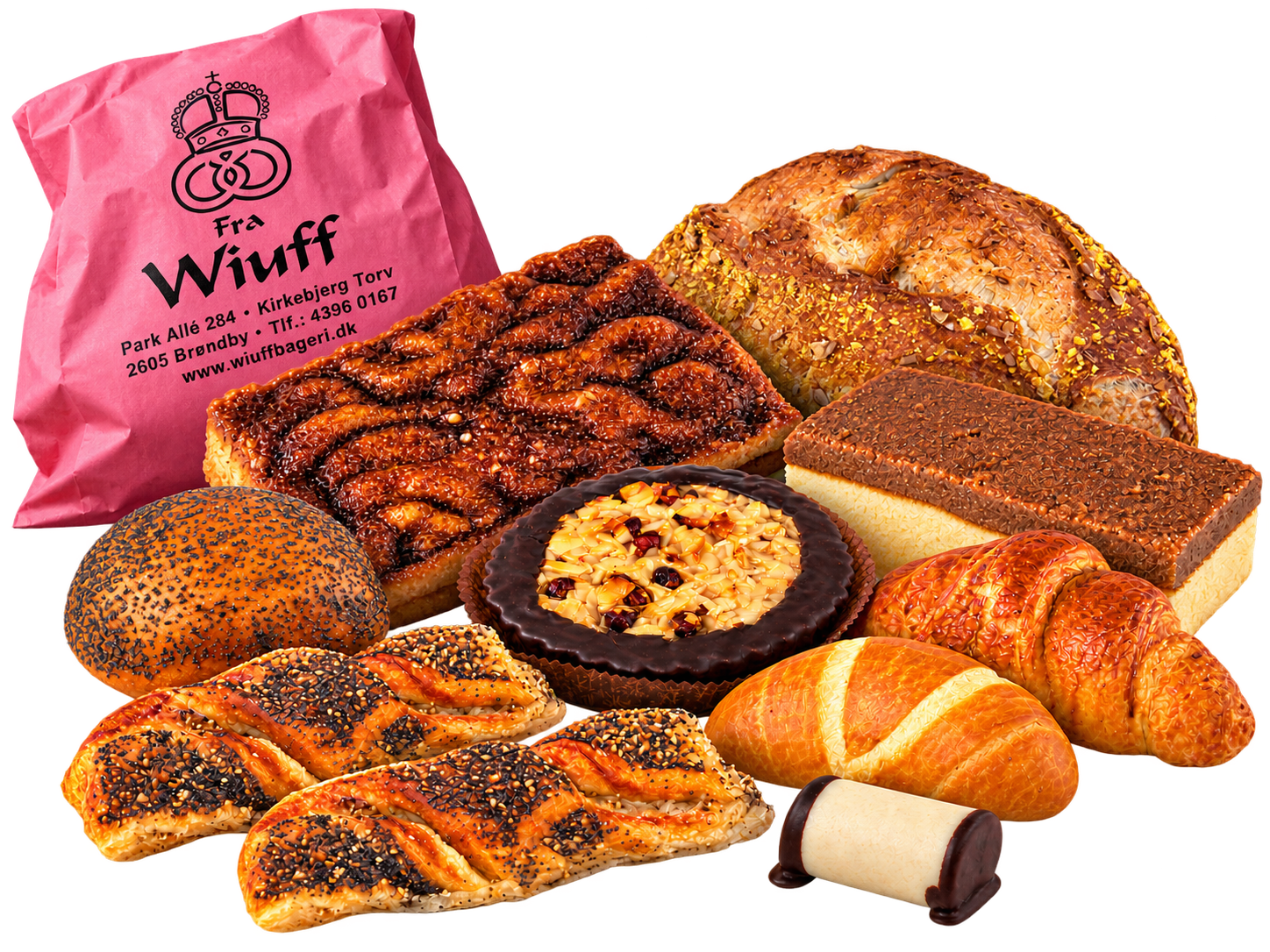 Lyserøde Wiuff-bageriposer med friskbagt brød, croissanter og wienerbrød